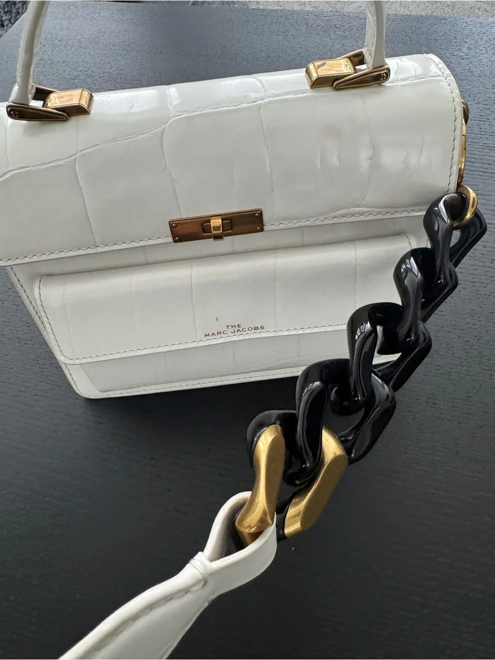 Marc Jacobs White Croc-Embossed Satchel with Black Chain Strap